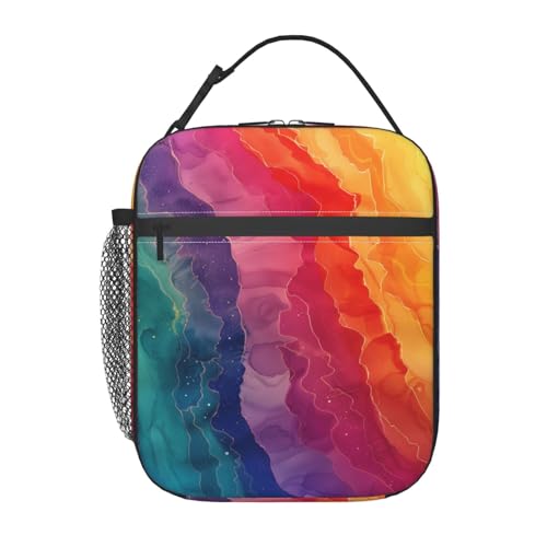 Rainbow Insulated Lunch Box for Women Men Colorful Line Design Lunch Bag for Work,Picnic,Travel,Hiking,Beach or Fishing Polyester Artistic Lovers Lunch Box - color: Rainbow02