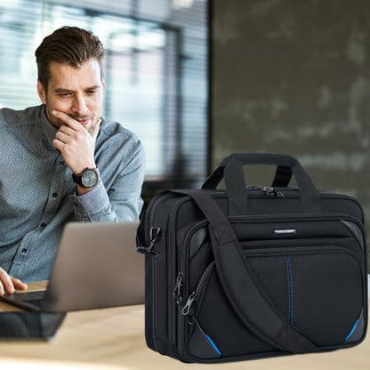 KROSER Laptop Bag 17.3 Inch Premium Laptop Briefcase, Expandable Water Repellent Laptop Shoulder Messenger Bag Durable Computer Case for Business/Travel/Men/Women (Black/Blue) | Expandable design, padded laptop compartment, luggage strap for business and
