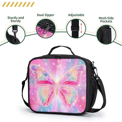 Butterfly Lunch Box for Girls Pink Purple Galaxy Shining Stars Lunch Bag with Shoulder Strap for Kids Teens Durable Large Capacity Insulated Lunchbox Thermal Meal Bag for School Travel - color: A-Butterfly