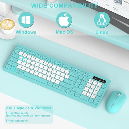 Wireless Keyboard and Mouse Combo, Full-Sized Quiet Wireless Keyboard and Adjustable DPI Mouse, 2.4GHz USB Receiver, Keyboard and Mouse for PC, Windows, Desktop, Laptop (Tiffany Blue and White-B) - color: Tiffany blue and white-B