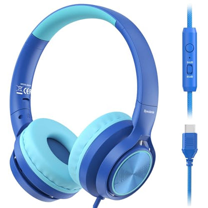 Bywulanda USB-C Kids Headphones with Mic, Safe Volume Limiter 85/94dB, Adjustable Headband, Foldable Wired Headphones for Boys & Girls, Over Ear Headphones for School/Chromebook/Tablet/Laptop/Travel - color: Navy Blue