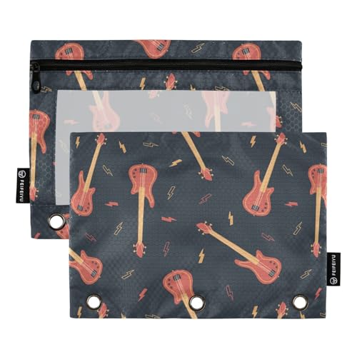 Bass Guitar Lightning Pencil Pouch for 3 Ring Binder, Three Hole Pencil Case for Binder Bulk Pencil Bag with Clear Window and Zipper for Office School College, 2 Pack, 9.84*7.08in - color: Multicolor 3