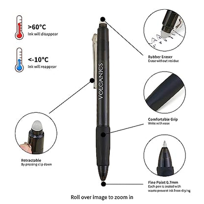 Volcanics Retractable Erasable Gel Pens, Soft Black, 0.7mm, 12 Pack | Click Erasable Gel Ink Pens With Refillable Design, Smooth Writing And Easy Erasing For School, Office Supplies And Daily Use - color: Black