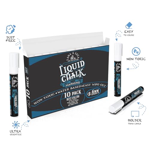 LANA & LUCA Liquid Chalk Marker Pen - White Dry Erase Marker - Chalkboard Markers for Signs, Windows, Blackboard, Glass - Reversible Tip (6mm, 10 Pack) - size: 10 Count (Pack of 1)