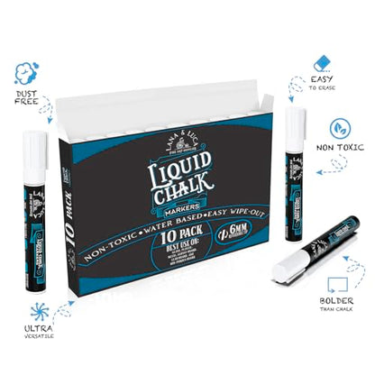 LANA & LUCA Liquid Chalk Marker Pen - White Dry Erase Marker - Chalkboard Markers for Signs, Windows, Blackboard, Glass - Reversible Tip (6mm, 10 Pack) - size: 10 Count (Pack of 1)