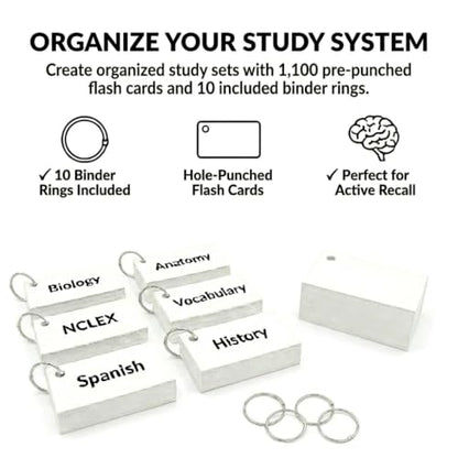 Blank Flash Cards with Rings & Box 1000 White Hole-Punched 2x3.5 USA Made | For active recall, vocabulary, homeschooling, language learning, exam prep, and spaced repetition.