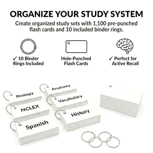 Blank Flash Cards 2x3.5 (Business Card Size) – 1,100 Hole Punched w/Rings | Heavier than drugstore cards — 163 gsm writes clean, pen or pencil, no bleed-through. Storage box included. Made in USA. - style: White Punched