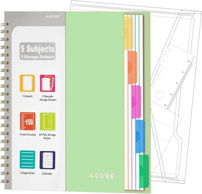 5-Subject Spiral Notebook, College Ruled, with Pocket & Tab Dividers | 300 Pages, 11" Ruler, 8.5"x11" Lime, Pocket Dividers with Tab Labels, for Writing Journal, Home, Office & School Supplies - color: Lime(300 page)