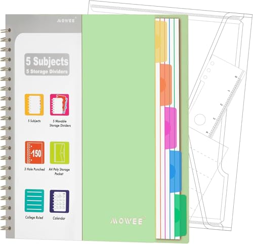 5-Subject Spiral Notebook, College Ruled, with Pocket & Tab Dividers | 300 Pages, 11" Ruler, 8.5"x11" Lime, Pocket Dividers with Tab Labels, for Writing Journal, Home, Office & School Supplies - color: Lime(300 page)