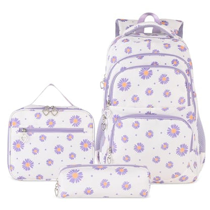 Glodwheat Daisy Printed Backpack For Girls- 3Pc Set With Lunch Box & Pencil Case, Lightweight Water-Resistant Bookbag For Elementary School - color: White