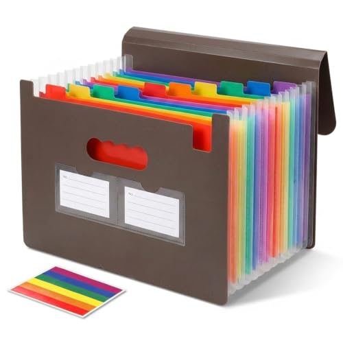 Accordion File Organizer, 13 Pockets Expanding File Folder with Index Tabs, Portable Document Organizer for Paper Receipts Bills Taxes, Letter A4 Document Holder for Home Office School, Brown - color: Coffee