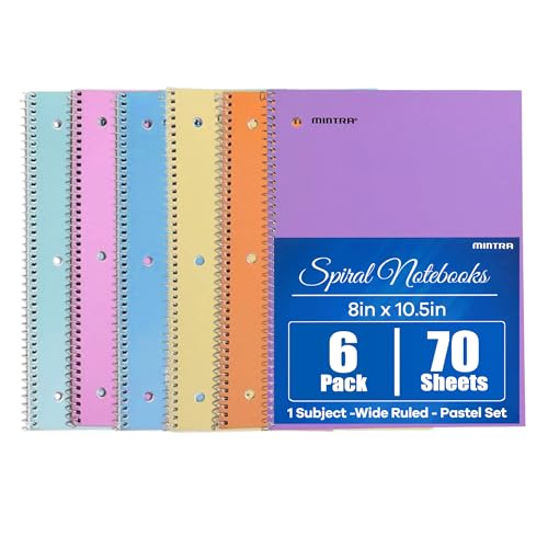 Mintra Office Spiral Notebooks, Wirebound, Journals for School, Work, Business, Aesthetic Stationery, Writing Pads, Teacher & Student Supplies (6, Pastel, Wide) - color: Pastel - Wide Ruled, size: 6PK