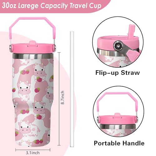 Queen Hero 30 oz Pink Cow Tumbler with Handle, Large Insulated Tumbler with Flip & Straw Coffee Mug Cup Stainless Steel Gifts for Women Men Youth - color: Pink Cow