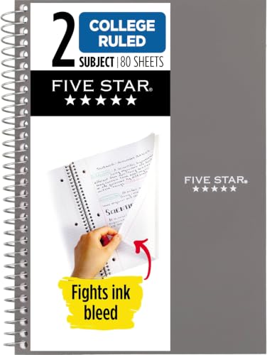 Five Star Spiral Notebook, 2 Subject, College Ruled, 9 1/2" x 6" 80 Sheets, Gray (840029AA3-ECM) (Pack of 12) - color: Gray, size: Pack of 12