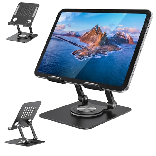Tablet Stand for iPad, Aluminum iPad Stand for Desk | 360° Rotating, Compatible with 4.7-12.9" iPad, Foldable, for Tablet, Kindle, Galaxy Tab, Black - color: Black