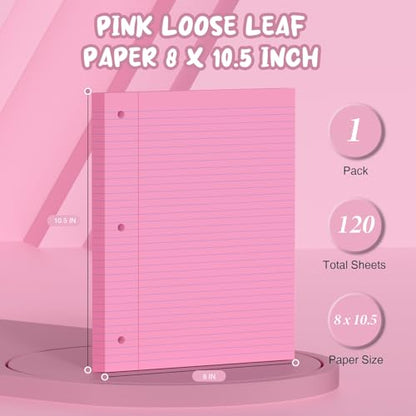 Pink Loose Leaf Paper 8 x 10.5, 120 Sheets Lined Paper College Ruled Paper, 3 Hole Punched Notebook Paper College Ruled, 3 Ring Binder Paper 8 x 10.5, Filler Paper College Ruled for Office, School - color: Pink-120 Pcs