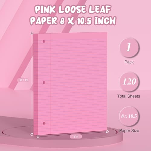 Pink Loose Leaf Paper 8 x 10.5, 120 Sheets Lined Paper College Ruled Paper, 3 Hole Punched Notebook Paper College Ruled, 3 Ring Binder Paper 8 x 10.5, Filler Paper College Ruled for Office, School - color: Pink-120 Pcs