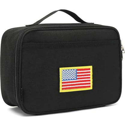 FlowFly Kids Lunch box Insulated Soft Bag Mini Cooler Back to School Thermal Meal Tote Kit for Girls, Boys, Black Free USA Flag Patch Included - color: Black With Flag