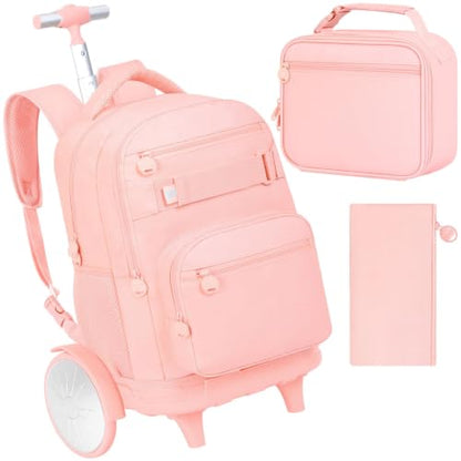 3Pcs Large Rolling Backpack for Teen Girls Women, 20 Inch Detachable Wheeled Bookbag with Lunch Box, Durable Oxford Cloth Roller Backpack for College School Travel (Pink) - color: Large Wheels Classic Pink