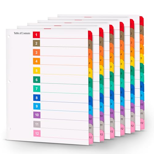 Tab Dividers for 3 Ring Binders – 6 Sets, 1–12 Numbered Index Dividers with Table of Contents – 8.5 x 11 in, 3-Hole Punched – Binder Dividers for School, Office, Filing, Organizing - 6 Pack - size: 1-12 Tabs