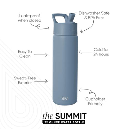 Simple Modern Water Bottle with Straw Lid | Vacuum Insulated Stainless Steel Metal | Reusable Leak Proof BPA-Free Cup for School | Summit Collection | 22oz, Blue Dune - color: -Blue Dune, style: 22oz
