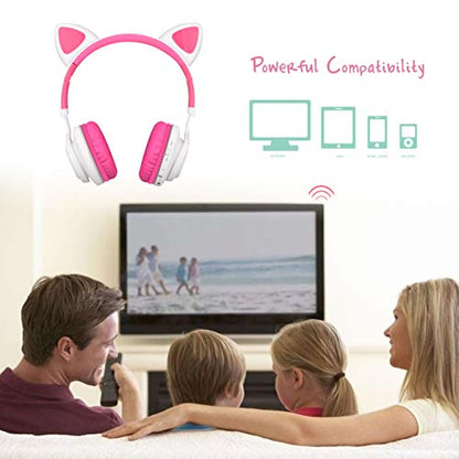 Riwbox CT-7 Cat Ear Bluetooth Headphones, LED Light Up Bluetooth Wireless Over Ear Headphones with Microphone and Volume Control for Travel/School/Smartphones/Laptop/PC/TV (White&Pink) - color: White&Pink