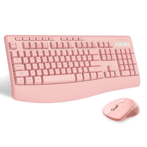 Wireless Keyboard and Mouse Combo, E-YOOSO 2.4GHz Full Sized Ergonomic Wireless Keyboard with Wrist Rest, 3 DPI Adjustable and 6 Buttons Cordless USB Mouse for Computer, Laptop, PC, Windows (Pink) - color: Pink