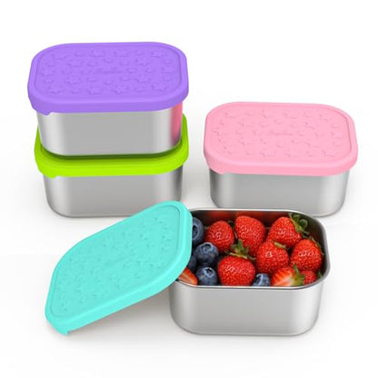 SOPHICO Stainless Steel 14 OZ Snack Containers for Kids，Food Storage Container with Silicone Lid - Perfect 304 Metal Toddler Lunch Box for Daycare and School, Leak Proof (MIX, 4 PACK) - color: 14oz, 4 Pack