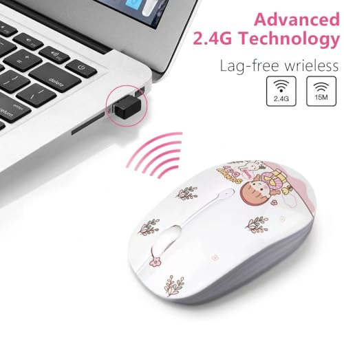 JUHOO Wireless Mouse with Nano Receiver for PC, Laptop, Notebook, Computer, MacBook, Less Noise, Portable Mobile Optical Mice - style: Rabbit & Girl