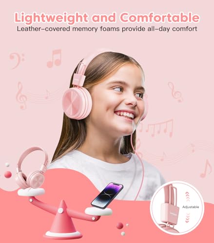Cowyawn Kids Headphones, Toddler Headphones with Safe Volume Limiter 94dB, Wired School Headphones for Kid, 3.5mm Adjustable On-Ear Headphone for Boys/Girls/Children/Teens/iPad/Computer, Light Pink - color: Light Pink