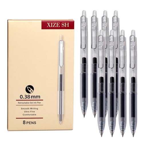 XIZE SH Rollerball Pens 0.38mm Ultra Fine Point,Pack of 8 | Clear Barrels,Black Gelly Ink ,Smooth Writing For Journaling, Notetaking