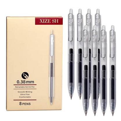 XIZE SH Rollerball Pens 0.38mm Ultra Fine Point,Pack of 8 | Clear Barrels,Black Gelly Ink ,Smooth Writing For Journaling, Notetaking