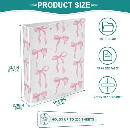 Bowknot Riband Pink Bow Dots Preppy Cute Binder 3 Ring 1.5 Inch Binder with Clipboard&Pockets, Hardcover Binders Heavy Duty Large File Folder for Office School Supplies - Holds 200 Sheets - color: Bowknot Riband Pink Bow, size: 1 Pack-12.4x10.63in