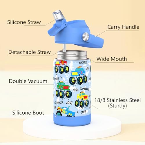 Monster Truck Boys Insulated Water Bottle with Straw,12 oz Kids Cups with Stainless Steel Leak Proof for School Daycare - color: A10.Monster Truck, style: 1Pack