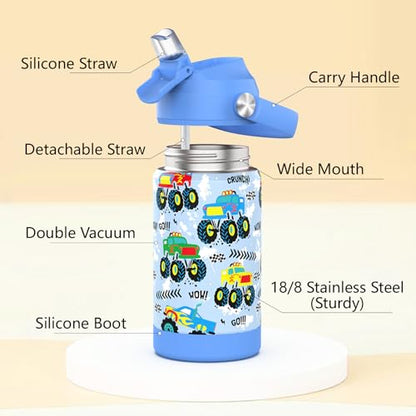 Monster Truck Boys Insulated Water Bottle with Straw,12 oz Kids Cups with Stainless Steel Leak Proof for School Daycare - color: A10.Monster Truck, style: 1Pack