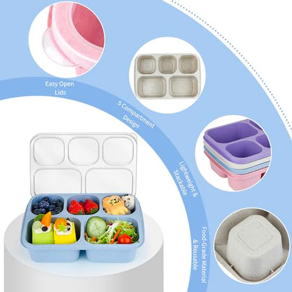 MaMix Bento Box Adult Lunch Box, 5 Compartment Snack Box for Adults 4 Pack, Reusable Stackable Snack Containers for Kids Adults with Utensils, for School, Work, and Travel (Wheat)