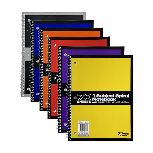 three leaf 70 Sheets Wide Ruled 8" X 10 1/2" Spiral Notebook, Pack of 6, 1 Subject, Assorted Colors, Spiral Notebook For Student Office - color: Wide Ruled, size: Pack of 6