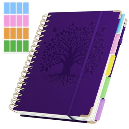 QIYVLOS Hardcover Spiral Notebook, B5 Journal with Removable Dividers Tabs, 5 Subject Notebook College Ruled, 320 Pages 8"x10" Leather Notebooks for Work School Study, Lined Journal for Women, Purple - color: B5/Purple