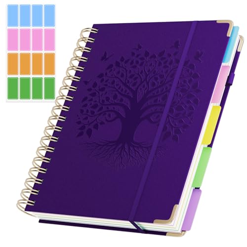 QIYVLOS Hardcover Spiral Notebook, B5 Journal with Removable Dividers Tabs, 5 Subject Notebook College Ruled, 320 Pages 8"x10" Leather Notebooks for Work School Study, Lined Journal for Women, Purple - color: B5/Purple