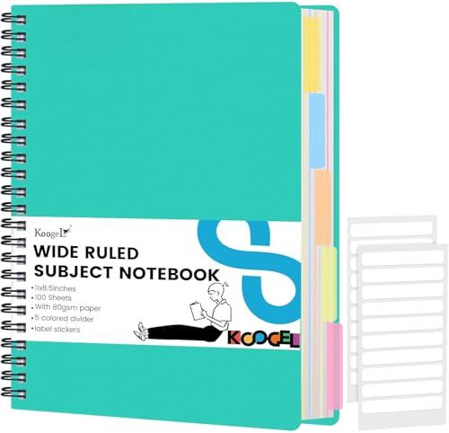 Koogel Spiral Notebook with Tabs, 5 Subject Spiral Notebook Wide Ruled with Removable Dividers, 200Pages Lined Journals for Women Journals Note Taking Work School Gifts, 8.5x11Inch, Green - color: green