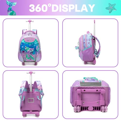 Meetbelify Mermaid Rolling Backpack for Girls Kids Wheels Backpacks for Elementary Student Wheeled Trolley Trip Luggage for Teen Girls with Lunch Box Pencil Case - color: Mermaid Purple