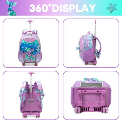 Meetbelify Mermaid Rolling Backpack for Girls Kids Wheels Backpacks for Elementary Student Wheeled Trolley Trip Luggage for Teen Girls with Lunch Box Pencil Case - color: Mermaid Purple