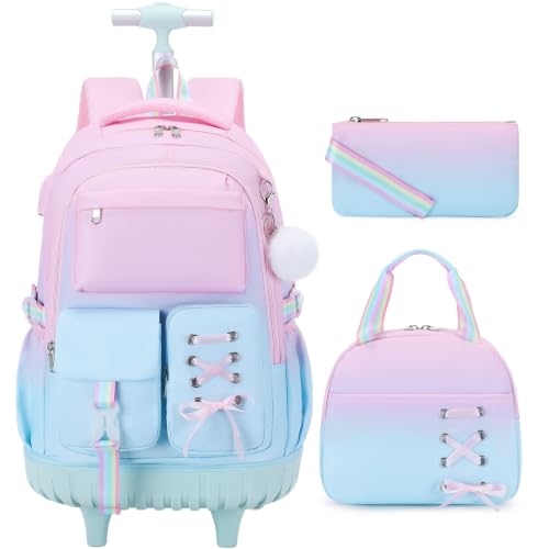 Scothen Rolling Backpack for Girls, Girls Backpack Set with Lunch Box & Pencil Pouch for Teen Girl Kids Children Elementary Middle School, Bookbag Daypack Laptop Travel Backpack with Wheels - color: Pink Blue