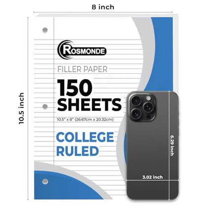 Rosmonde 24 Pack Loose Leaf Paper Bulk, 3600 Sheets, College Ruled Paper | Bulk Office Filler Paper, 8" x 10.5", 150 Sheets/Pack, Bulk Notebook Paper, 3 Hole Punched, College Ruled Paper For Binder - color: College Ruled, size: 24 Pack (3600 Sheets)