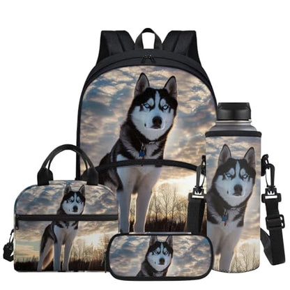 Cute Snow Husky Print Boys Backpacks 4pcs/set School Bag Bookbags Shoulder Water Bottle Sleeve Insulated Food Handbags Case Pencil Holder - color: Cute Snow Husky