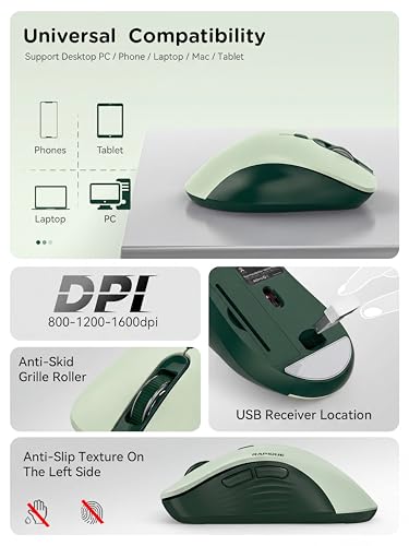 RAPIQUE Bluetooth Wireless Mouse, Dual Bluetooth & 2.4G USB Receiver, Quiet Clicks, Right-Hand Ergonomic 6 Button Mouse, Adjustable DPI, AA Battery, for Laptop, PC, Mac, Tablet - Avocado Green - color: Avocado Green