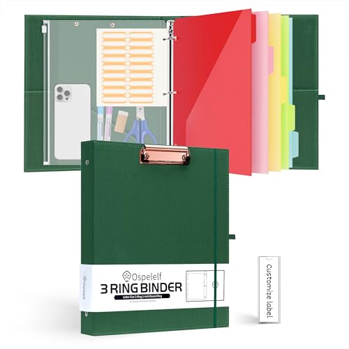Ospelelf 3 Ring Binder 1 Inch Binder Organizer with Zipper Pouch, Linen Hardcover Portfolio Clipboards for Letter Size (8.5" x 11"), 5 Plastic Binder Dividers with 10 Pockets (Green) - color: Green, size: 1in (Letter Size)