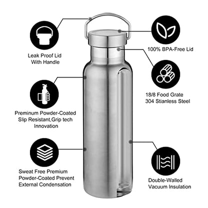 Neihepal Silver Stainless Steel Water Bottles,20 Ounce Vacuum Insulated Double Wall Travel Bottle with Leak Proof Lid of Handle,Metal Reusable Standard Mouth Flask Thermoses for School,Hikers,Gift - color: Silver