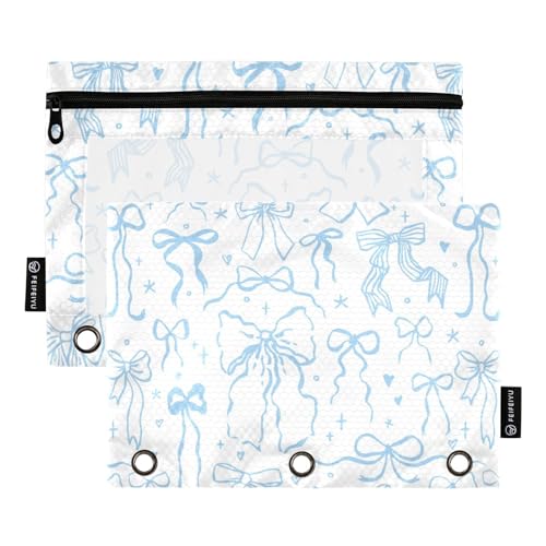 Pencil Pouch for 3 Ring Binder Cartoon Doodle Blue Bows 2 Pack Clear Window Pencil Bags with Zipper Pencil Case - color: Multicolored 12