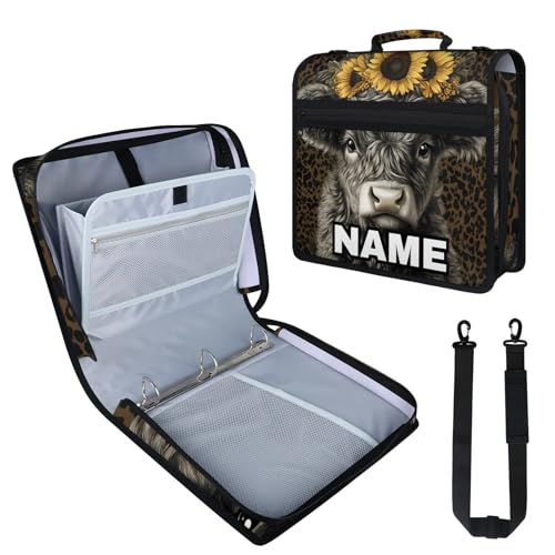 Custom Zipper Binder Leopard Print Highland Cow 3 Ring Binder 1.5 Inch Expanding Pockets File Folder Large Capacity Document Organizer Bag with Handle and Strap - color: Multi 7